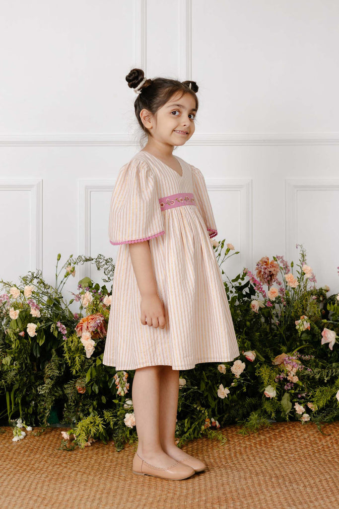 Denisse Flower Embroidered Cotton Lurex Stripes Girls Dress - Pink Dress The Tribe Kids   