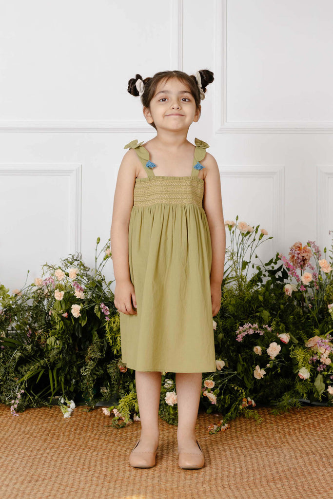 Edith Smocking Embroidery Cotton Cambric Girls Dress - Green Dress The Tribe Kids   