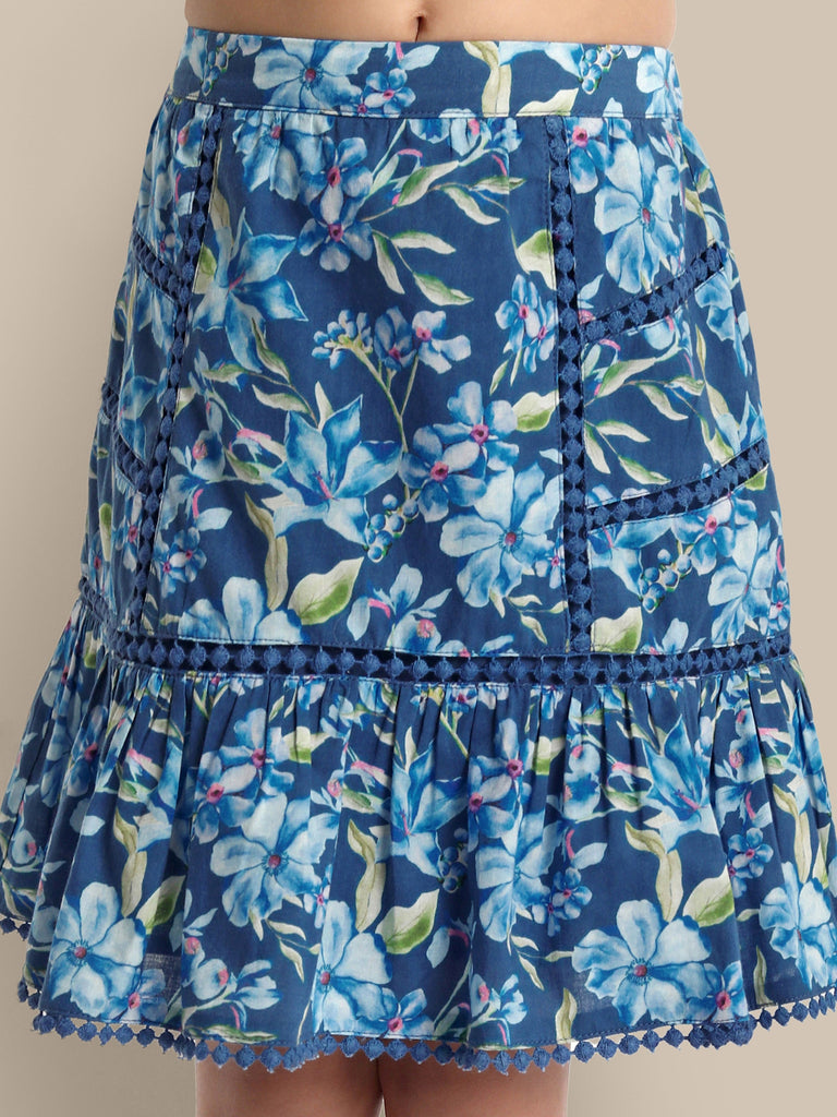 Eleonore Cotton Girls Skirt - Blue Flower Skirt The Tribe Kids   