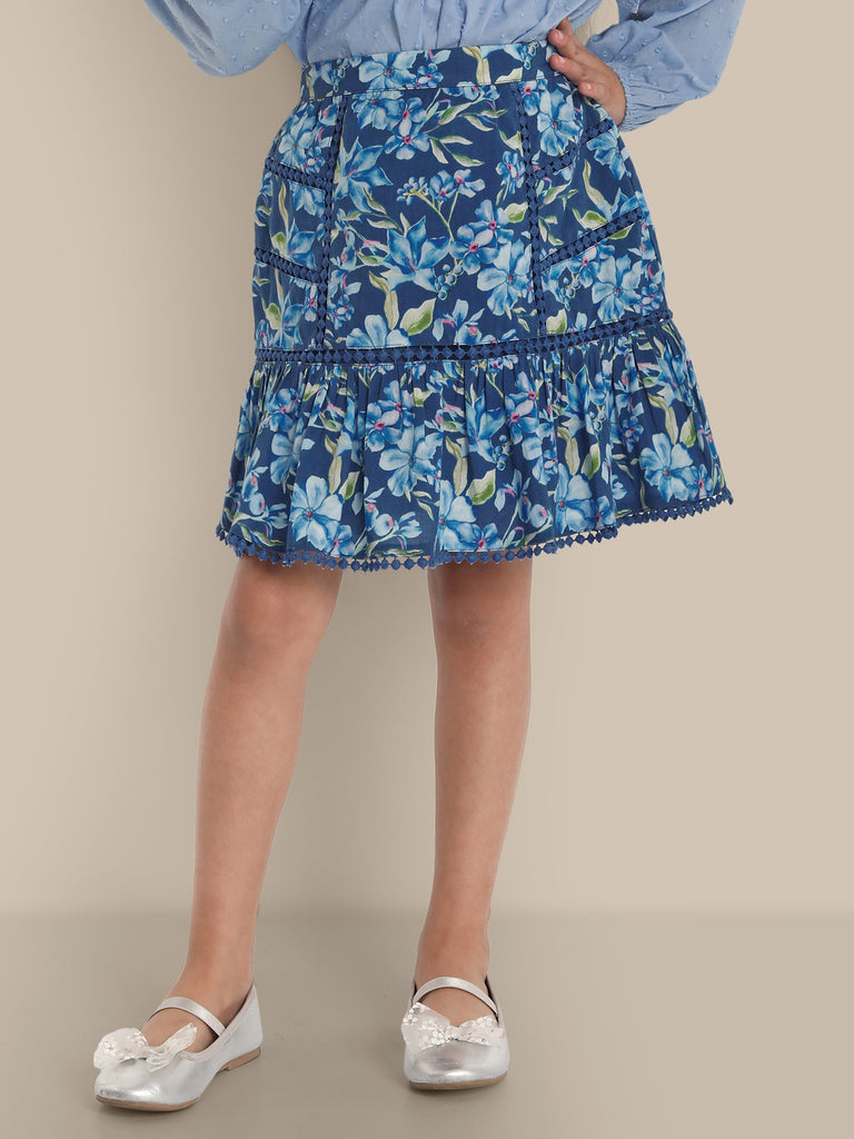 Eleonore Cotton Girls Skirt - Blue Flower Skirt The Tribe Kids   
