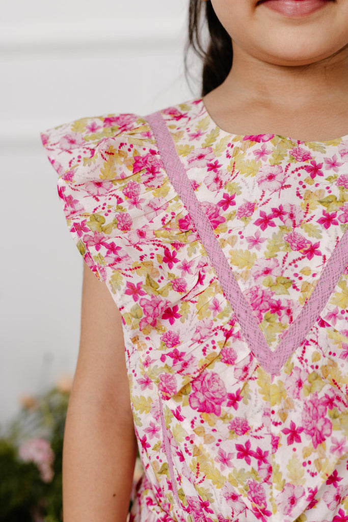Elisa Flower Print Cotton Cambric Girls Dress - Pink Garden Dress The Tribe Kids   