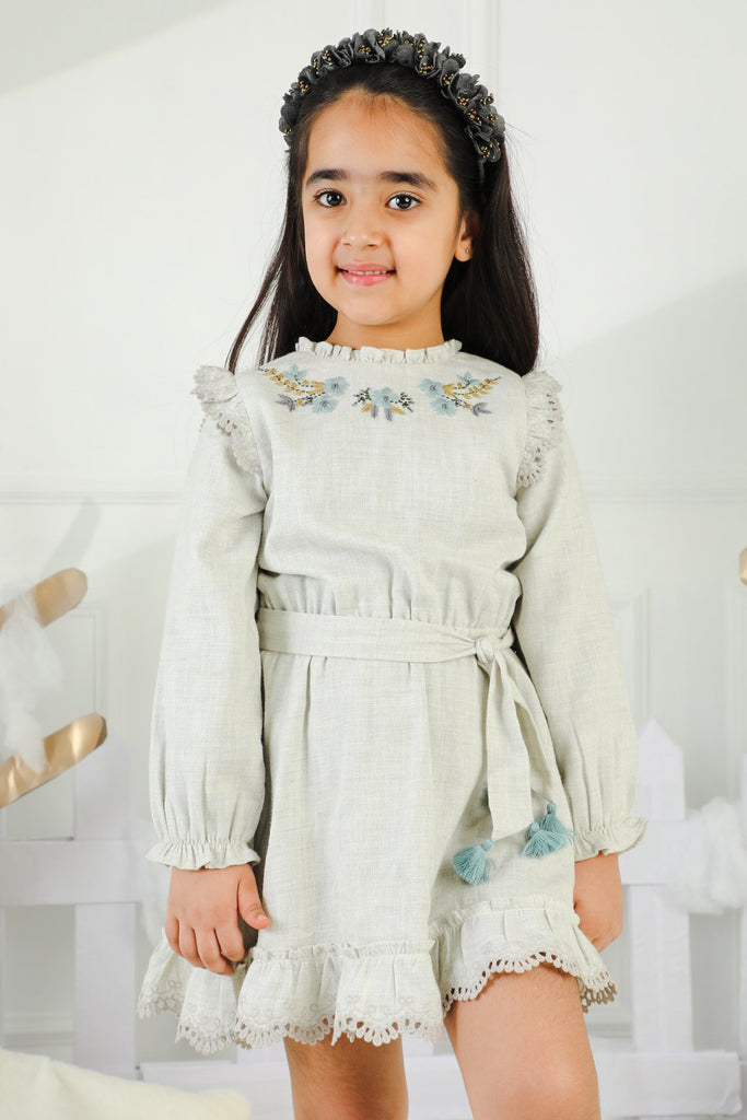 Eva Handmade Flower Embroidered Cotton Girls Dress - Gray Dress The Tribe Kids   