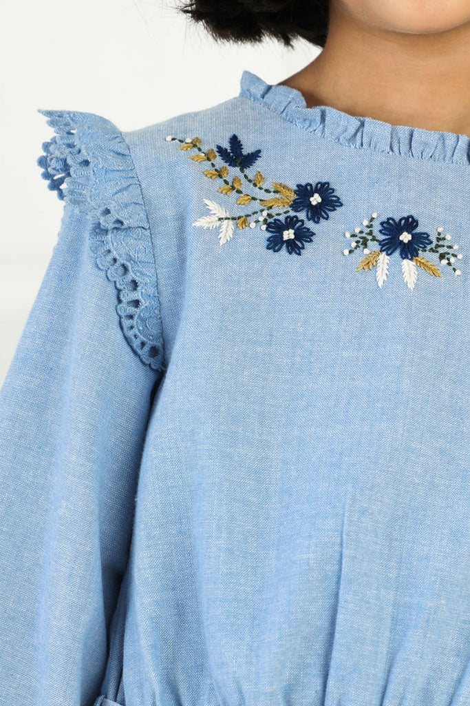 Eva Handmade Flower Embroidered Cotton Girls Dress - Light Blue Dress The Tribe Kids   
