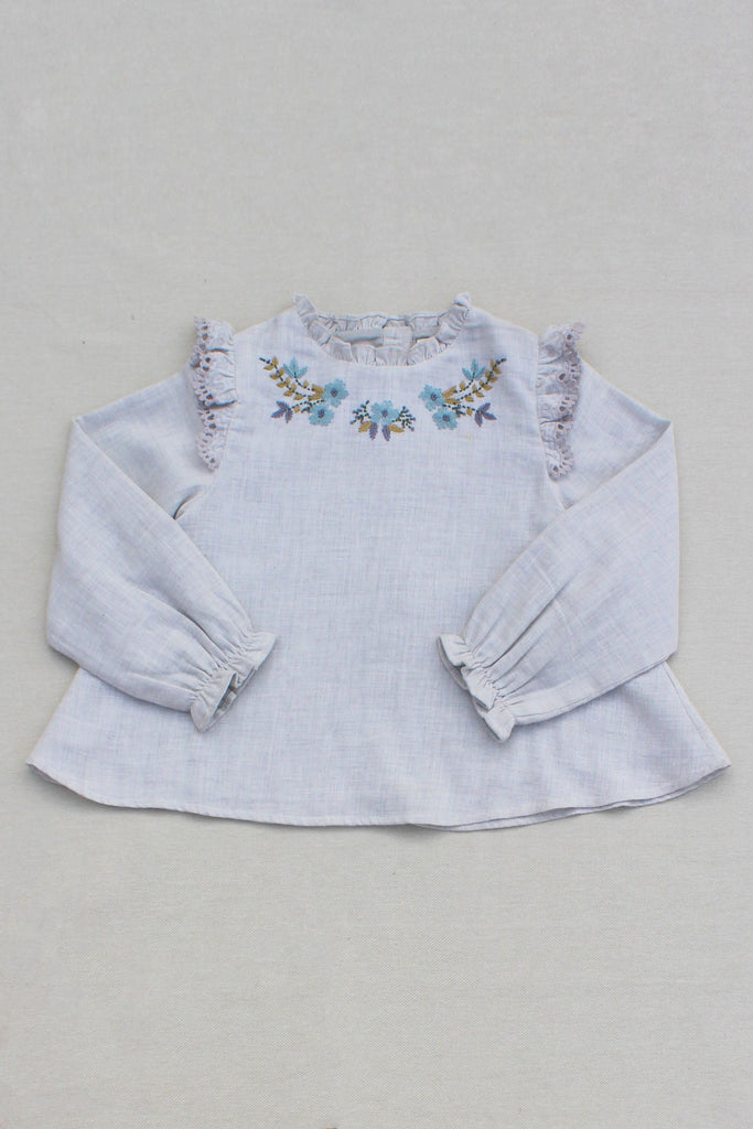 Evangeline Hand Embroidered Cotton Chambray Girls Top - Gray Dress The Tribe Kids   