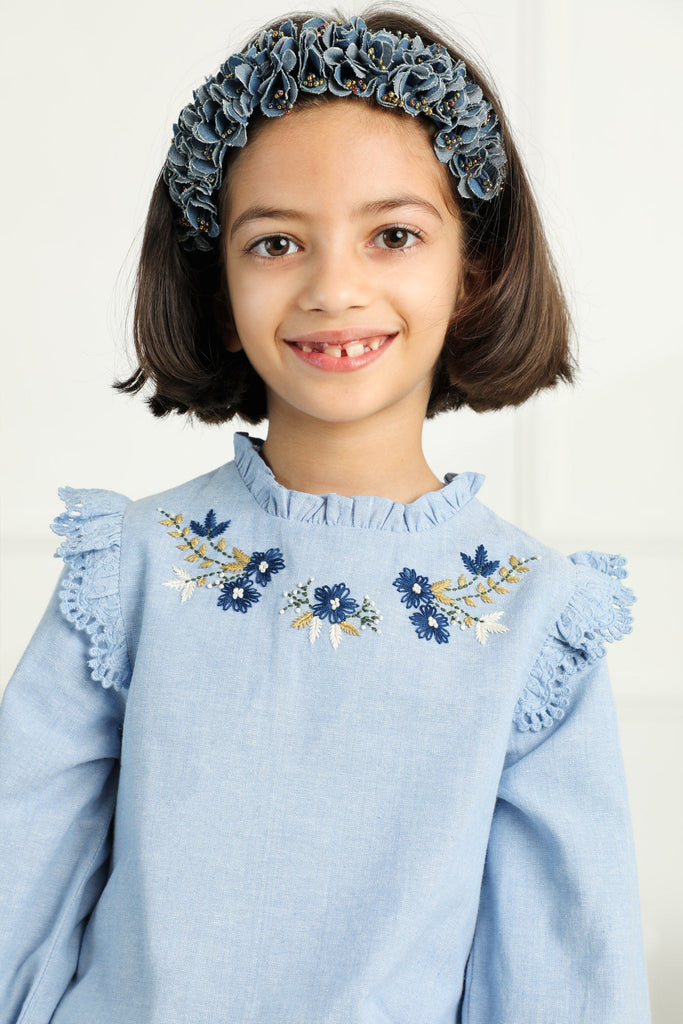 Evangeline Hand Embroidered Cotton Chambray Girls Top - Light Blue Dress The Tribe Kids   