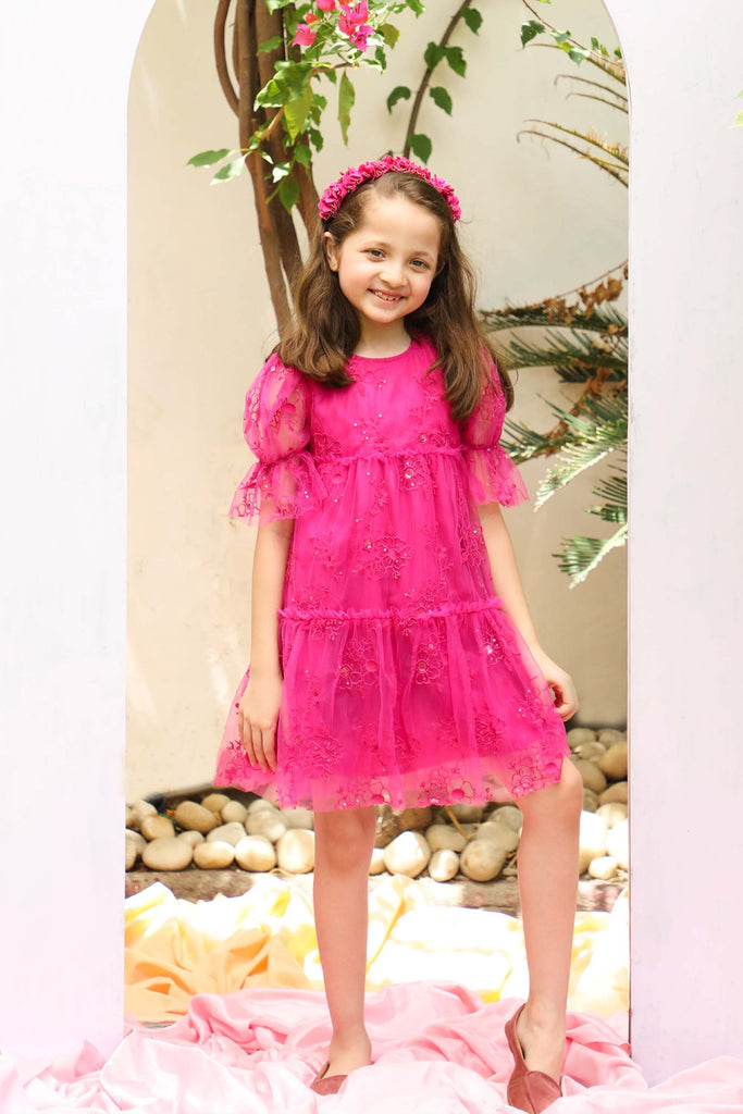 Fabiana Flower Embroidery With Sequins Girls Dress - Hot Pink Dress The Tribe Kids   