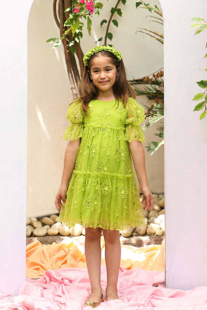 Fabiana Flower Embroidery With Sequins Girls Dress - Lime Green Dress The Tribe Kids   