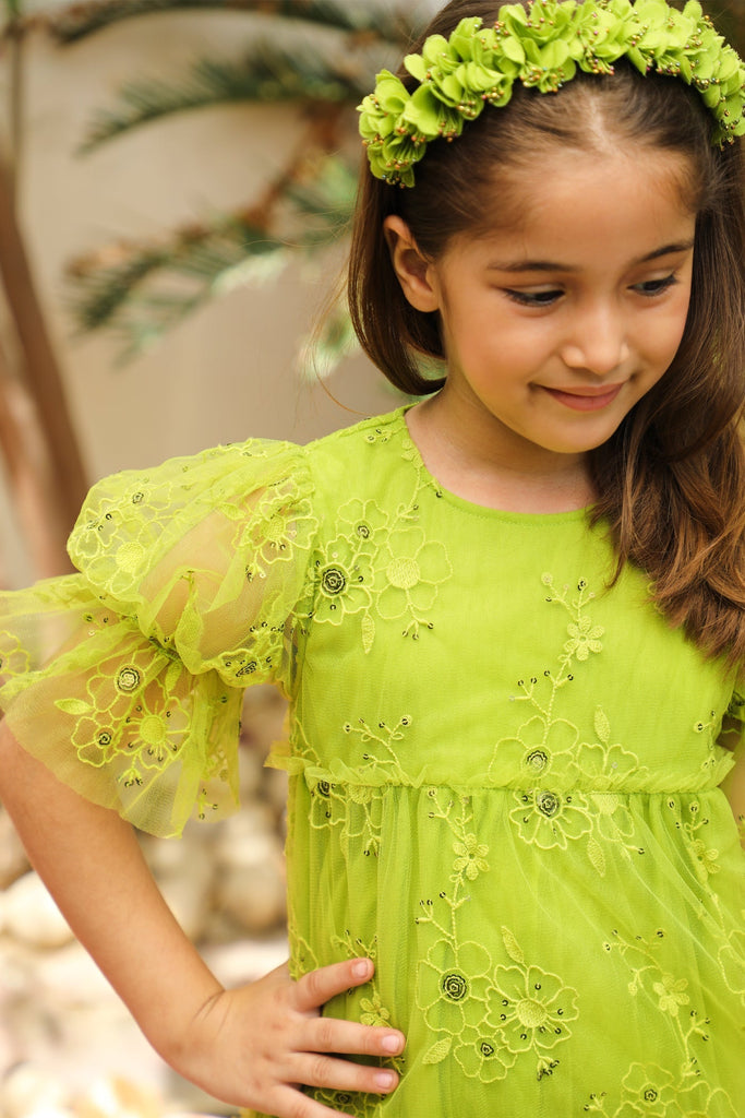 Fabiana Flower Embroidery With Sequins Girls Dress - Lime Green Dress The Tribe Kids   