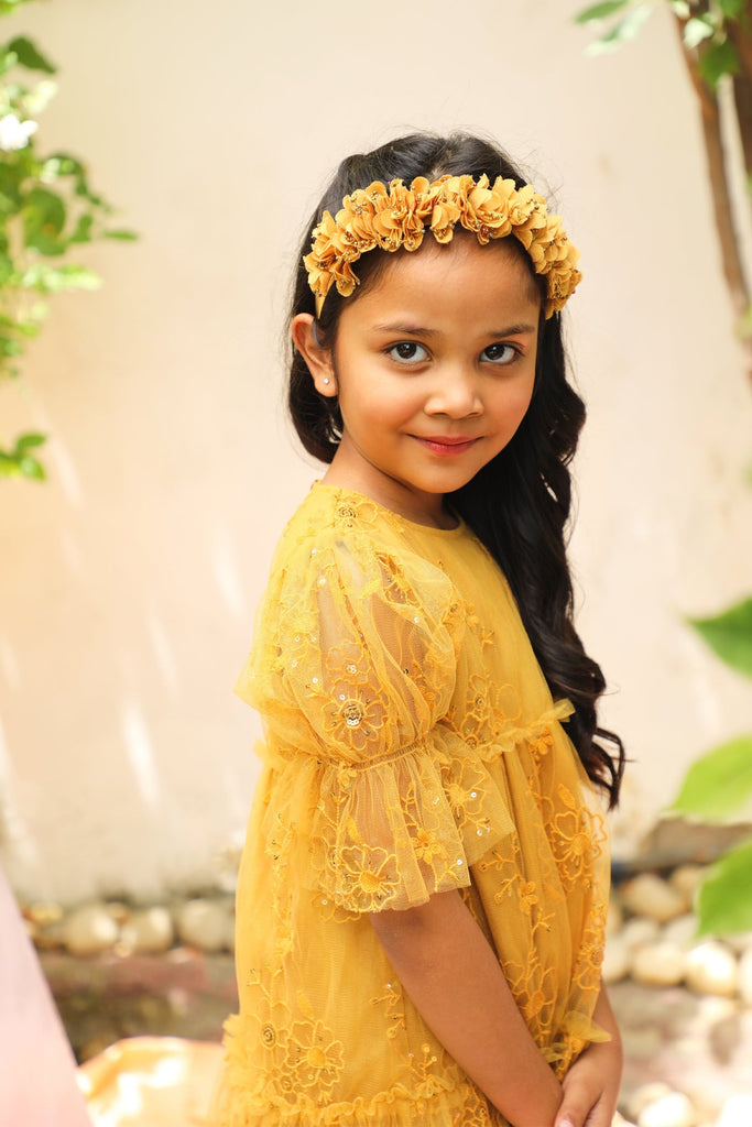 Fabiana Flower Embroidery With Sequins Girls Dress - Mustard Yellow Dress The Tribe Kids   