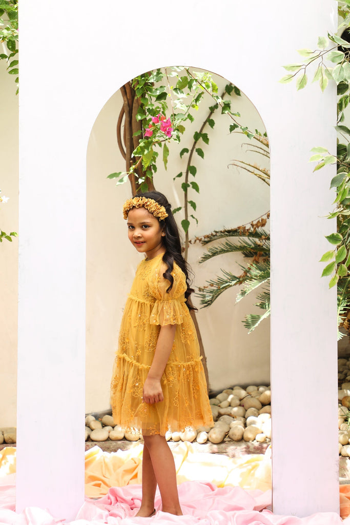 Fabiana Flower Embroidery With Sequins Girls Dress - Mustard Yellow Dress The Tribe Kids   
