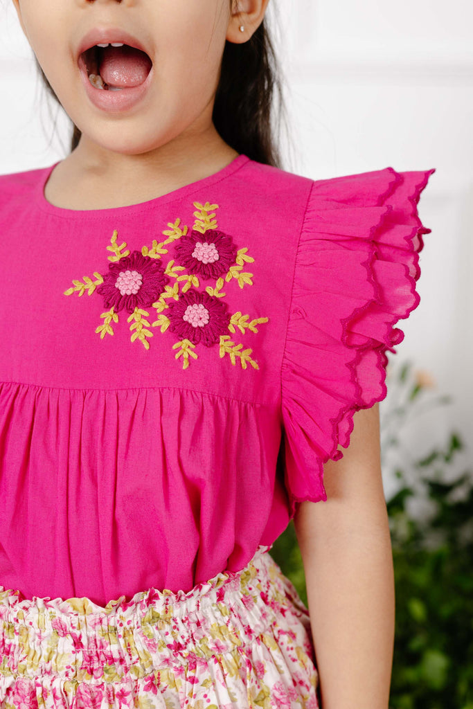 Fiorella Handmade Flower Embroidery Cotton Girls Top - Fuchsia Top The Tribe Kids   