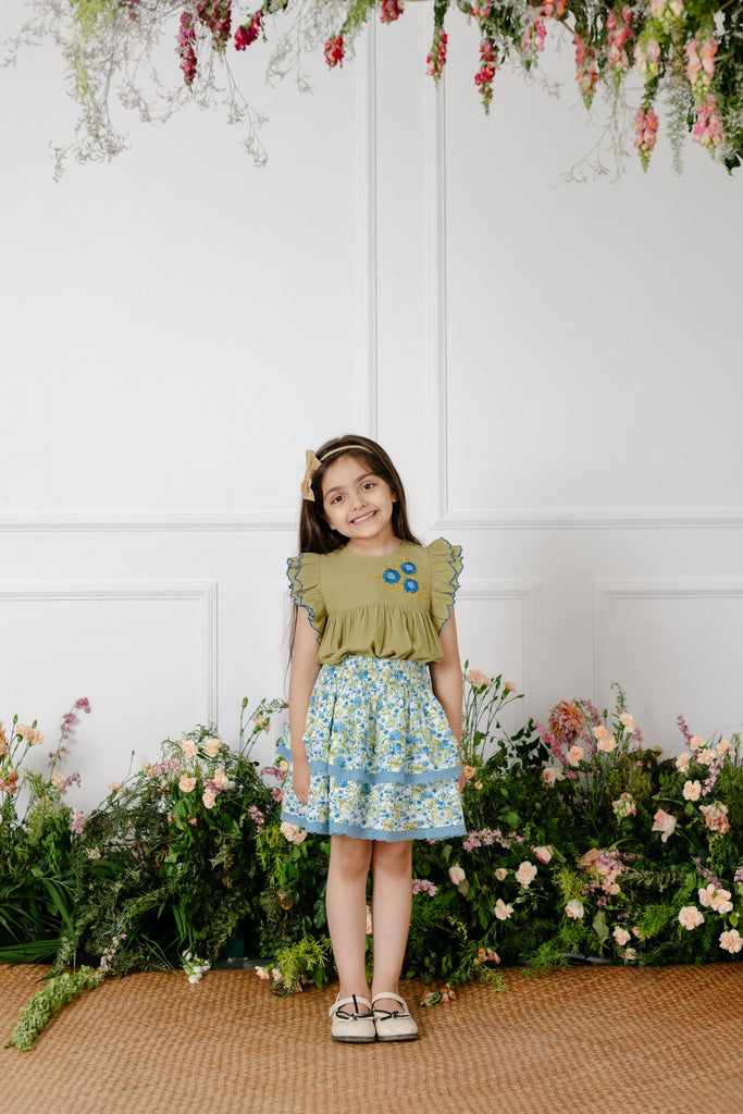 Fiorella Handmade Flower Embroidery Cotton Girls Top - Green Top The Tribe Kids   