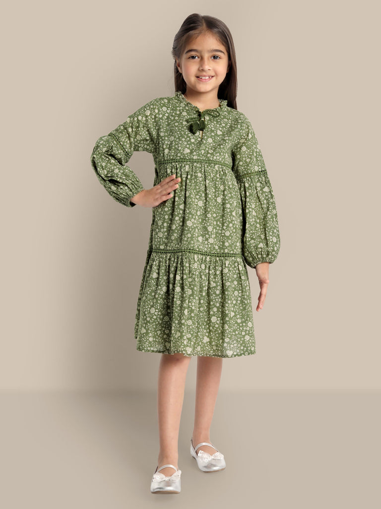 Fleur Green Floral Print Cotton Girl Dress Dress The Tribe Kids   