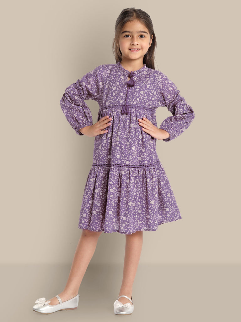 Fleur Purple Floral Print Cotton Girl Dress Dress The Tribe Kids   
