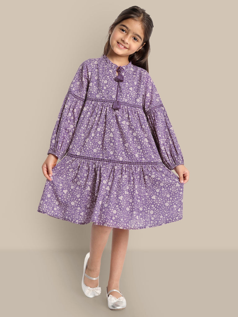 Fleur Purple Floral Print Cotton Girl Dress Dress The Tribe Kids   