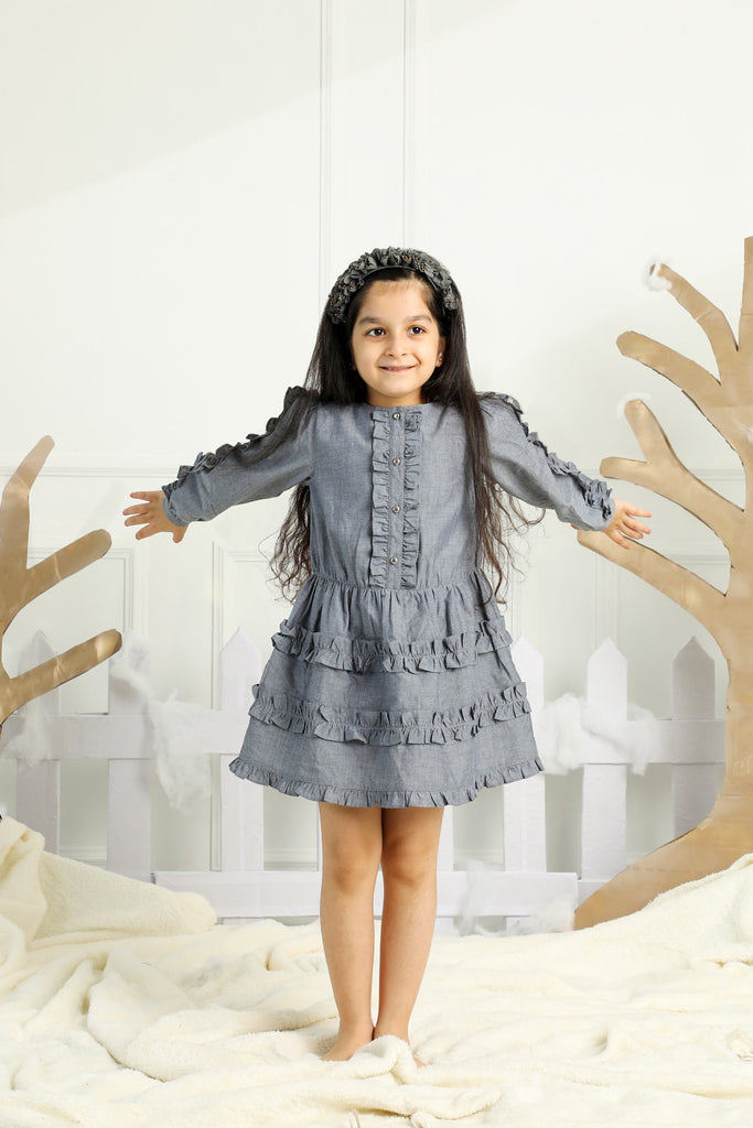 Flora Long Sleeves Cotton Chambray Girls Dress - Blue Dress The Tribe Kids   