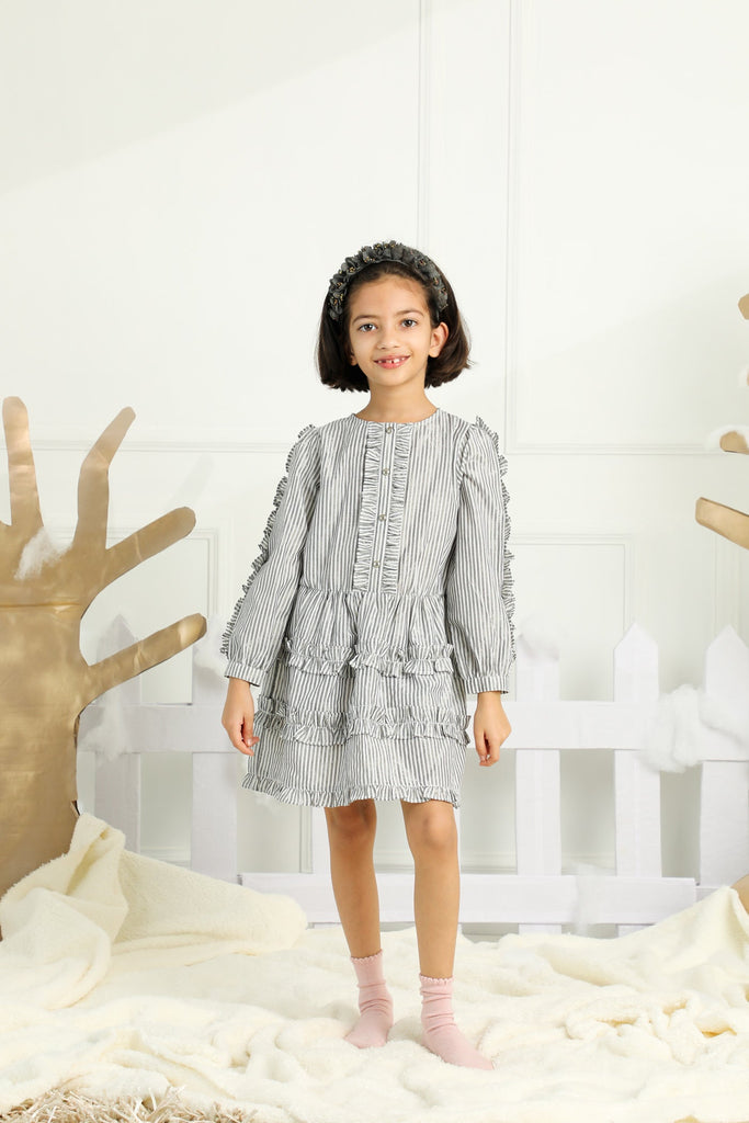 Flora Long Sleeves Cotton Chambray Girls Dress - Gray Stripes Dress The Tribe Kids   