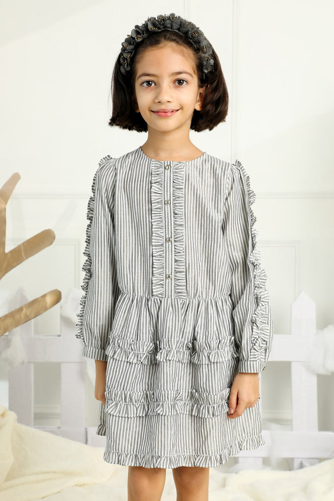 Flora Long Sleeves Cotton Chambray Girls Dress - Gray Stripes Dress The Tribe Kids   