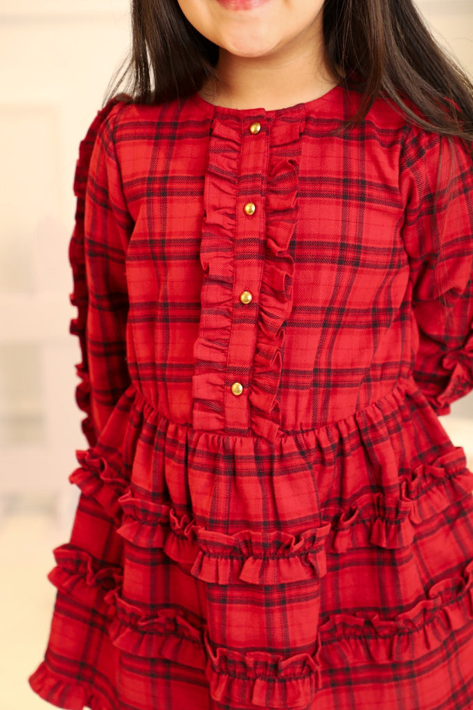 Flora Long Sleeves Cotton Chambray Girls Dress - Red Checks Dress The Tribe Kids   