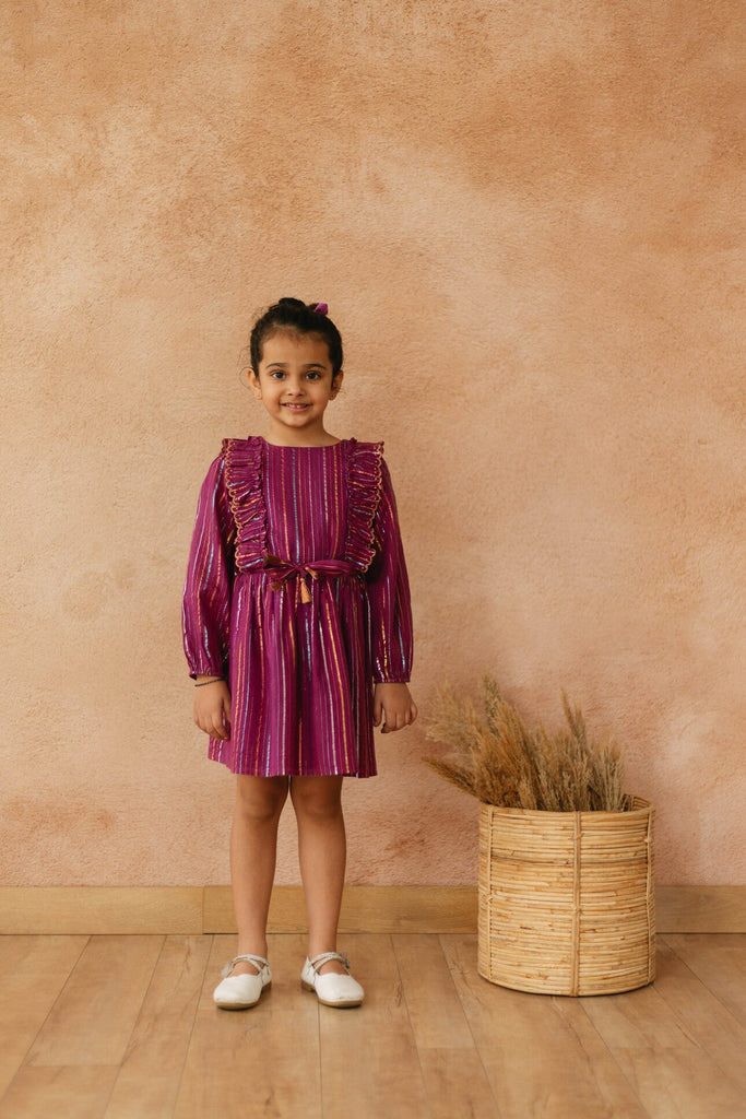 Frances Dress - Purple Cotton Lurex Stripes Dress The Tribe Kids   