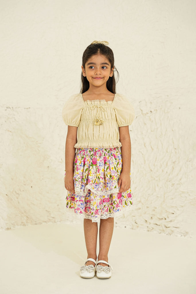 Giada Cotton Flower Print Girls Skirt - Ecru garden Skirt The Tribe Kids   