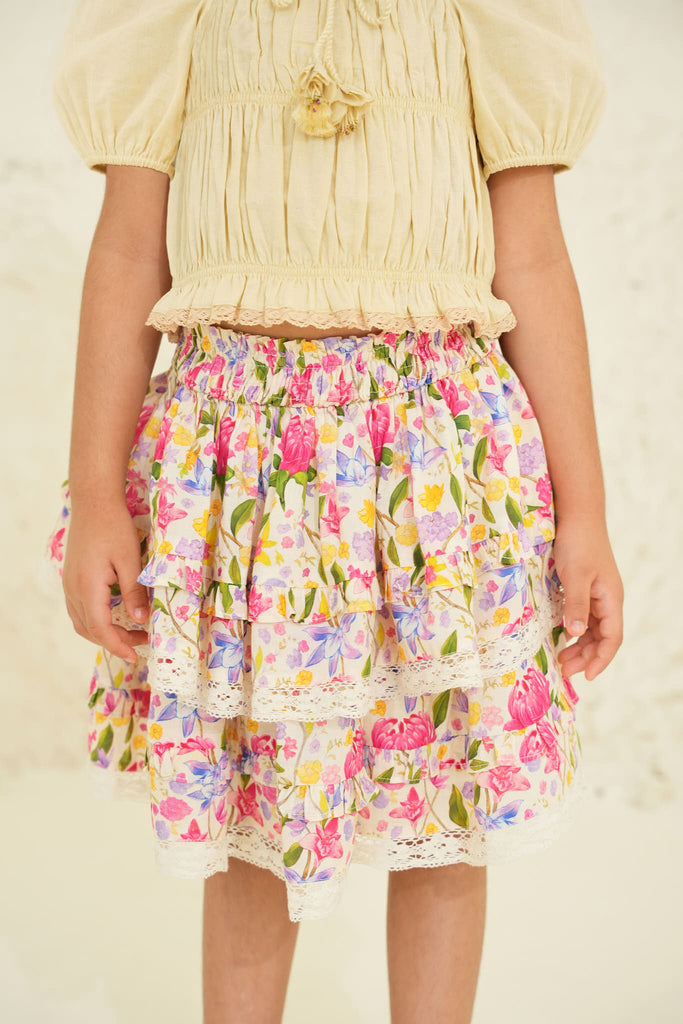 Giada Cotton Cambric Flower Print Girls Skirt - Ecru Garden Skirt The Tribe Kids   