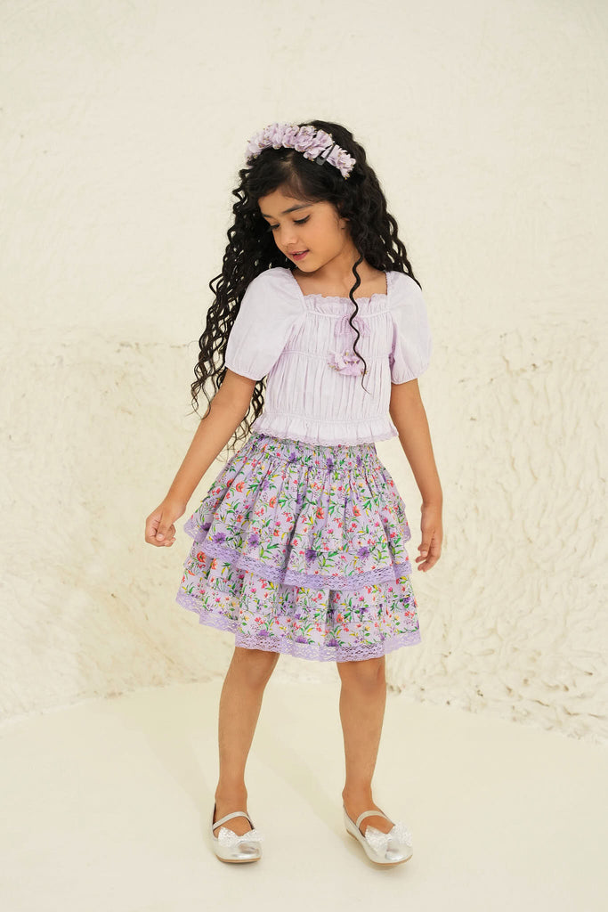 Giada Cotton Flower Print Girls Skirt - Purple garden Skirt The Tribe Kids   