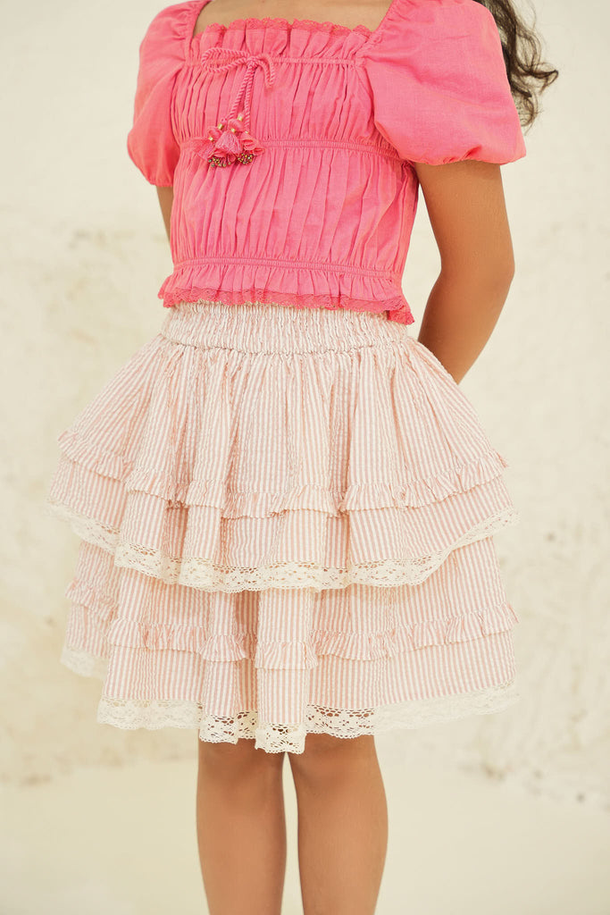 Giada Double Layered Fit Cotton Girls Skirt - Peach Stripes Skirt The Tribe Kids   