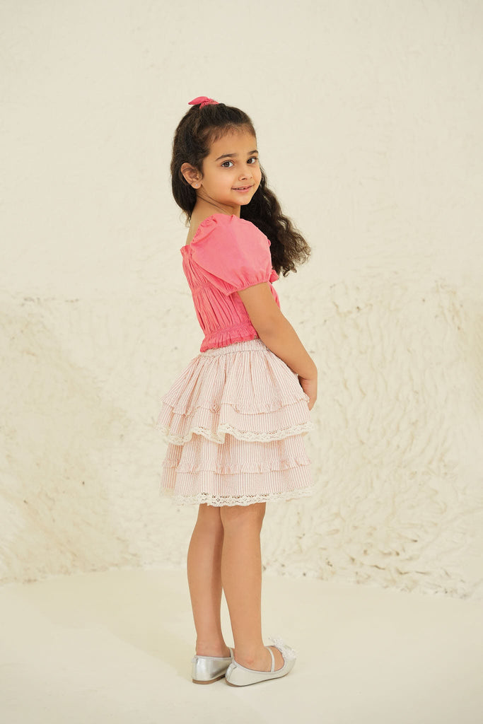 Giada Double Layered Fit Cotton Girls Skirt - Peach Stripes Skirt The Tribe Kids   