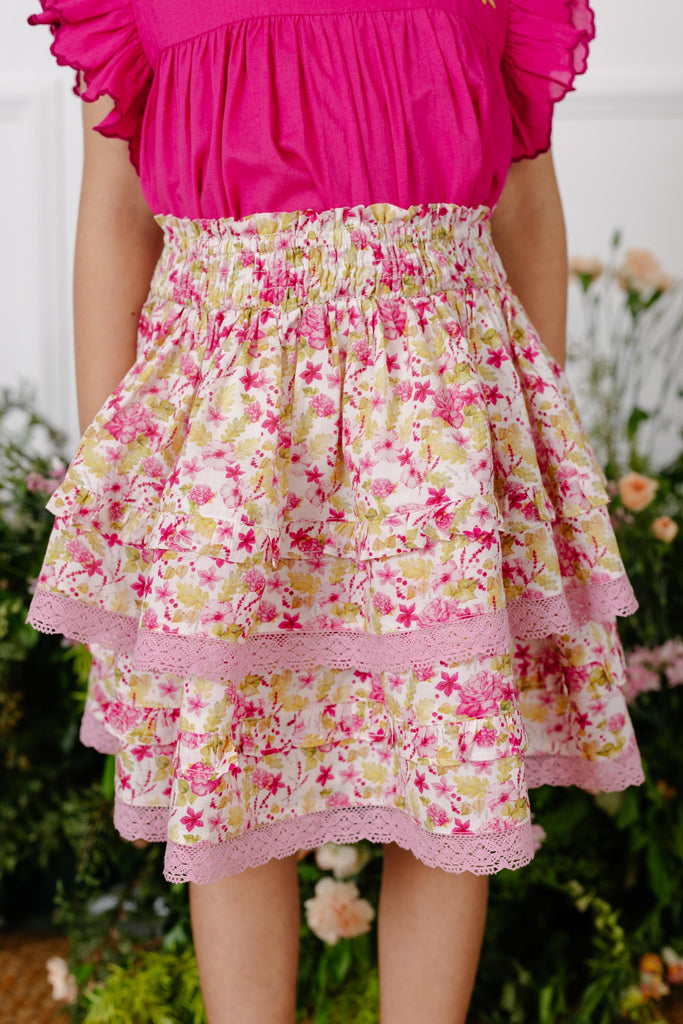 Giada Double Layered Cotton Cambric Girls Skirt - Pink Garden Skirt The Tribe Kids   
