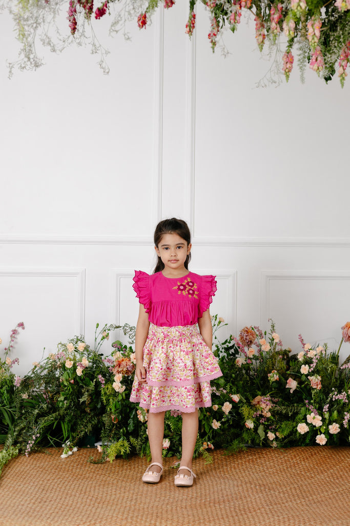 Giada Double Layered Cotton Cambric Girls Skirt - Pink Garden Skirt The Tribe Kids   