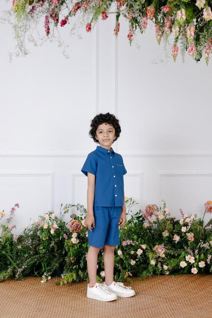 Hector Short Sleeves Cotton Boys Shirt - Navy Top The Tribe Kids   