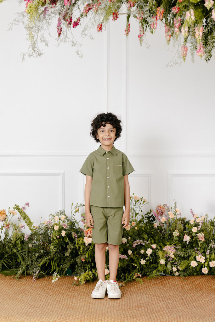 Hector Short Sleeves Cotton Boys Shirt - Olive Top The Tribe Kids   