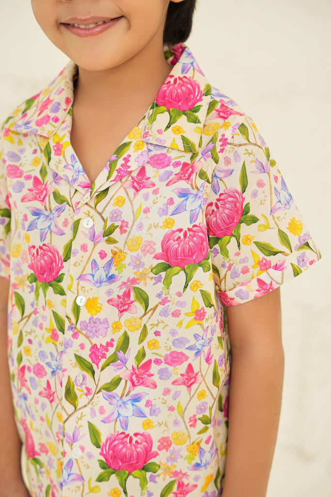 Henry Cotton Flower Print Boys Shirt - Ecru garden Top The Tribe Kids   
