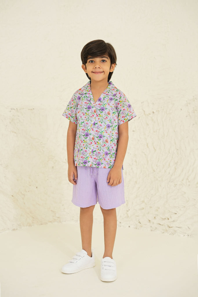 Henry Cotton Flower Print Boys Shirt - Purple garden Top The Tribe Kids   
