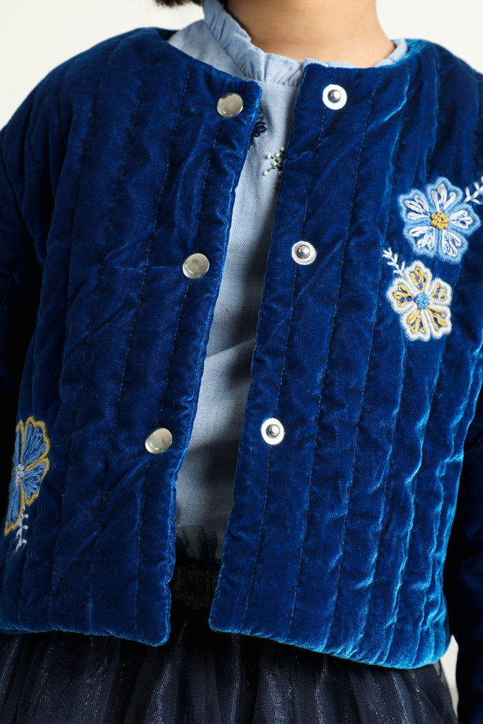 Miranda Embroidered Velvet Girls Jacket - Blue Jacket The Tribe Kids   