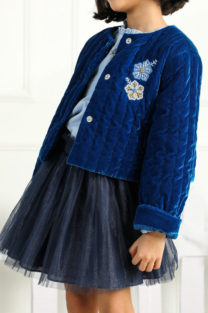 Miranda Embroidered Velvet Girls Jacket - Blue Jacket The Tribe Kids   