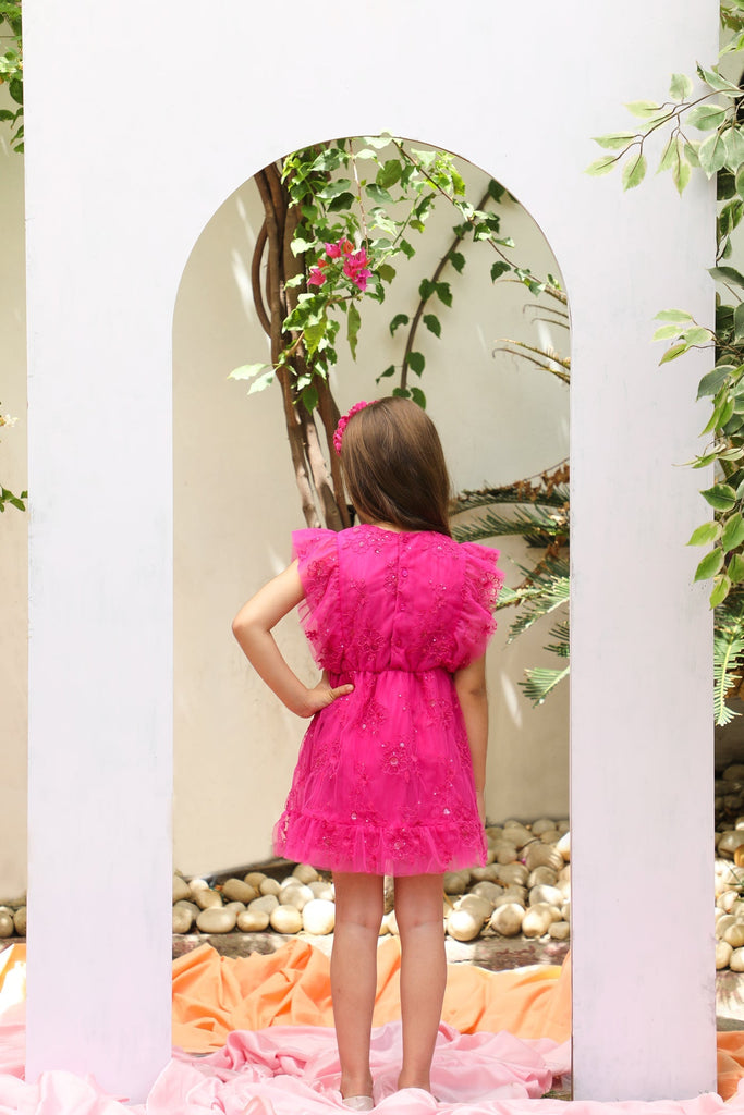 Monica Sequins Embroidery Sparkle Net Girls Dress - Hot Pink Dress The Tribe Kids   