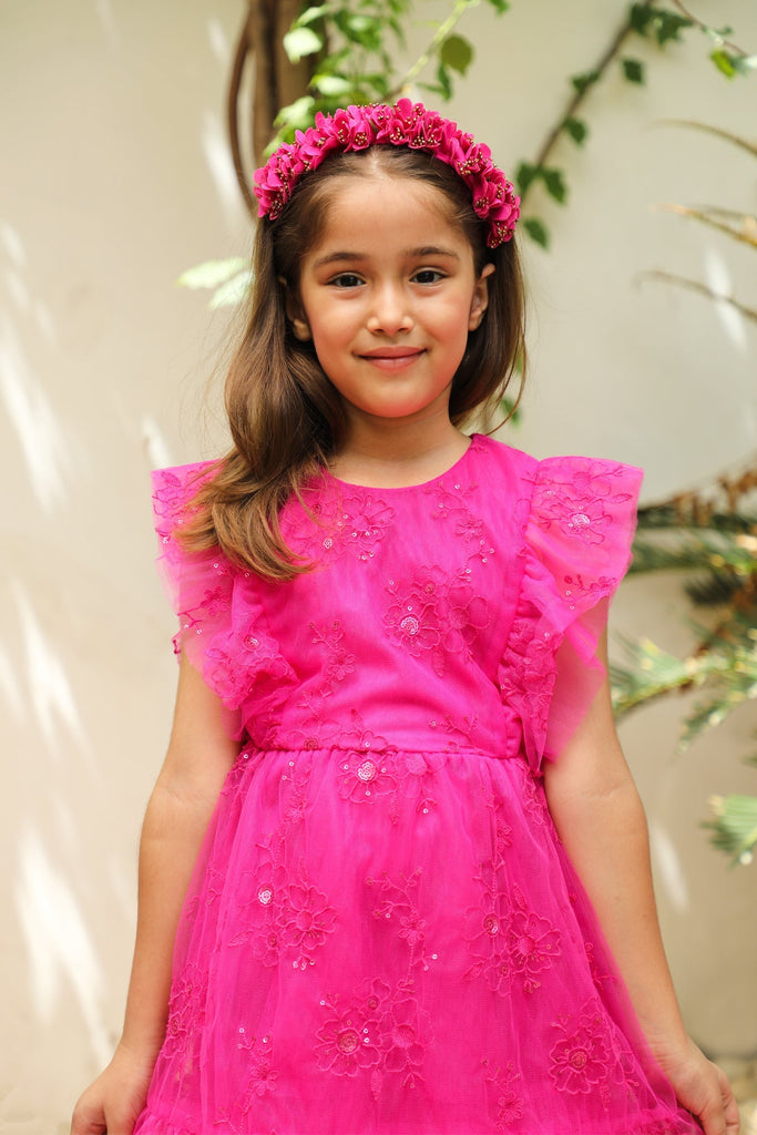 Monica Sequins Embroidery Sparkle Net Girls Dress - Hot Pink Dress The Tribe Kids   
