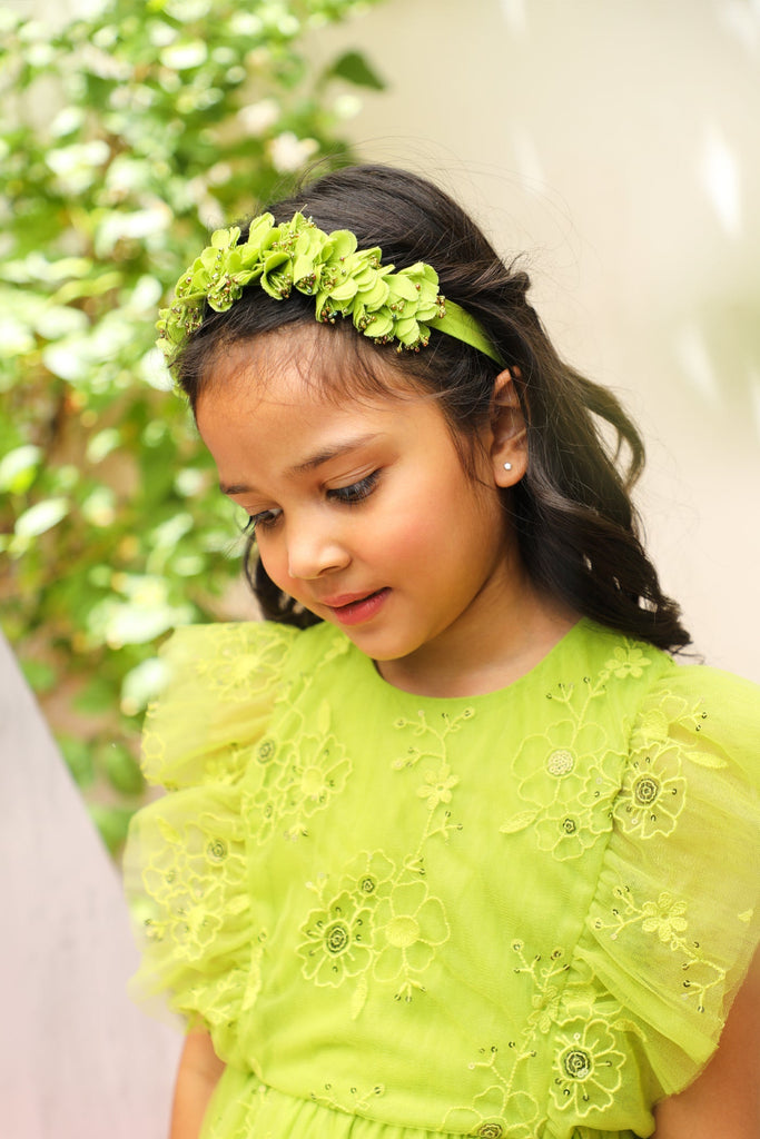 Monica Sequins Embroidery Sparkle Net Girls Dress - Lime Green Dress The Tribe Kids   