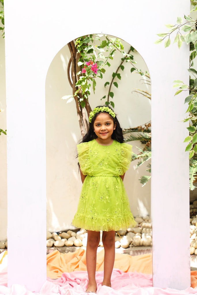 Monica Sequins Embroidery Sparkle Net Girls Dress - Lime Green Dress The Tribe Kids   