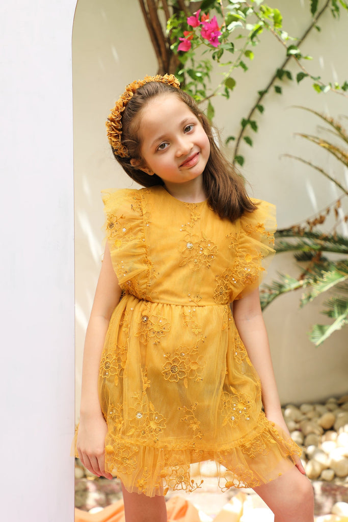 Monica Sequins Embroidery Sparkle Net Girls Dress - Mustard yellow Dress The Tribe Kids   