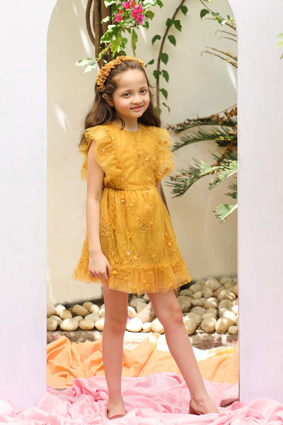 Turmeric yellow with mulberry combination tie up dress for baby girl –  Baby&Me