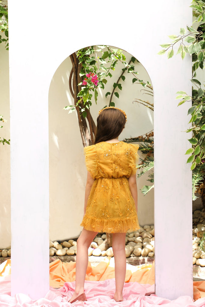 Monica Sequins Embroidery Sparkle Net Girls Dress - Mustard yellow Dress The Tribe Kids   
