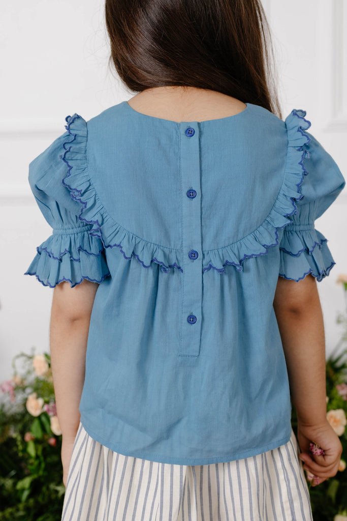 Nora Flower Embroidery Breathable Cotton Girls Top - Blue Bouquet Top The Tribe Kids   