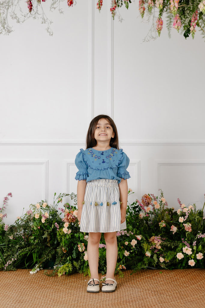 Nora Flower Embroidery Breathable Cotton Girls Top - Blue Bouquet Top The Tribe Kids   