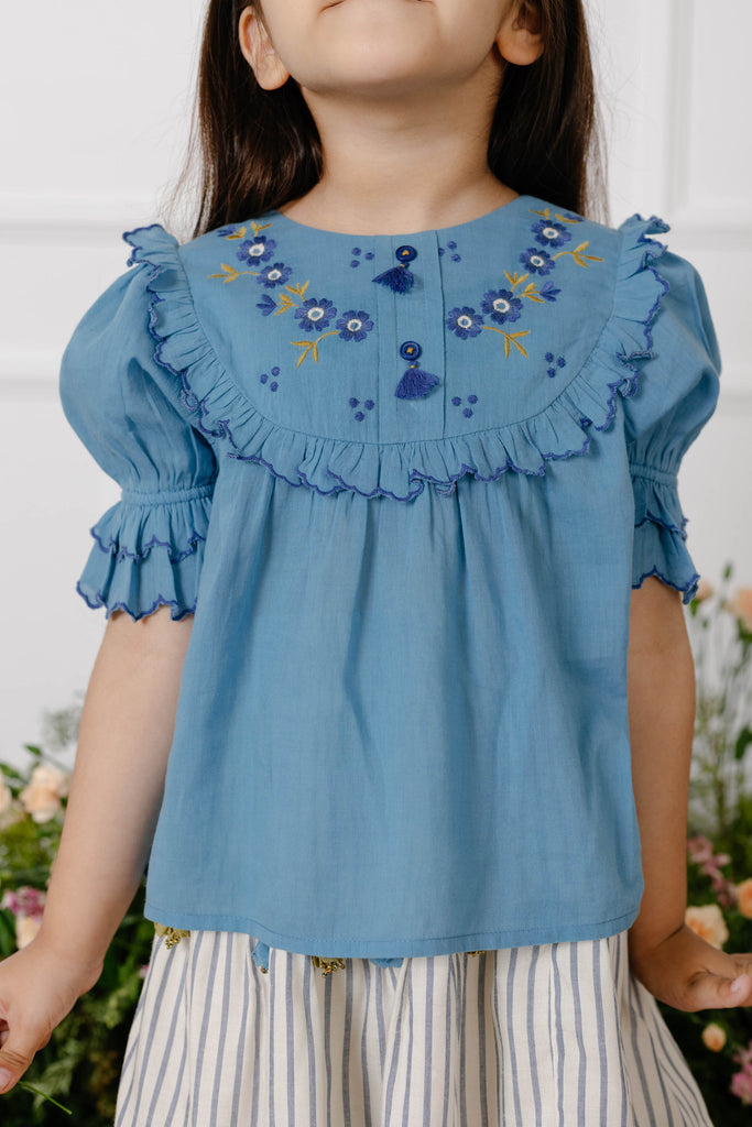 Nora Flower Embroidery Breathable Cotton Girls Top - Blue Bouquet Top The Tribe Kids   