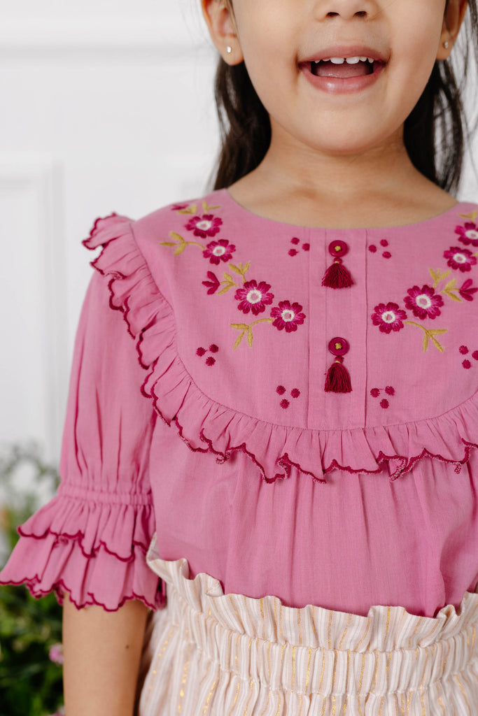 Nora Flower Embroidery Breathable Cotton Girls Top - Pink Bouquet Top The Tribe Kids   