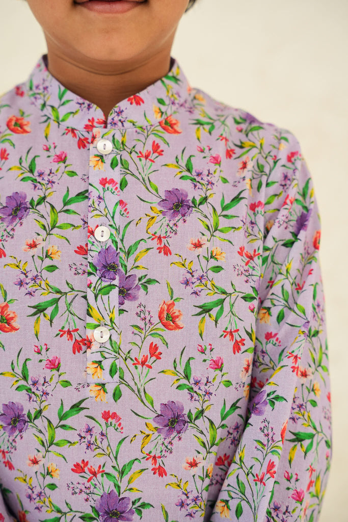 Peter Cotton Flower Print Boys Shirt - Purple garden Top The Tribe Kids   