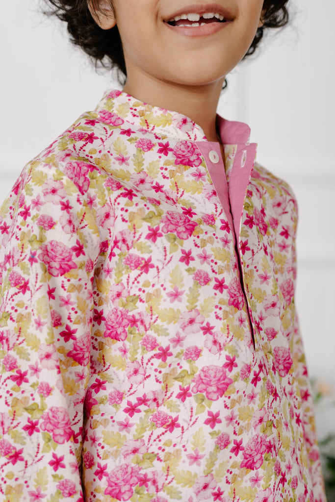 Peter Mandarin Collar Cotton Cambric Boys Shirt - Pink Garden Top The Tribe Kids   